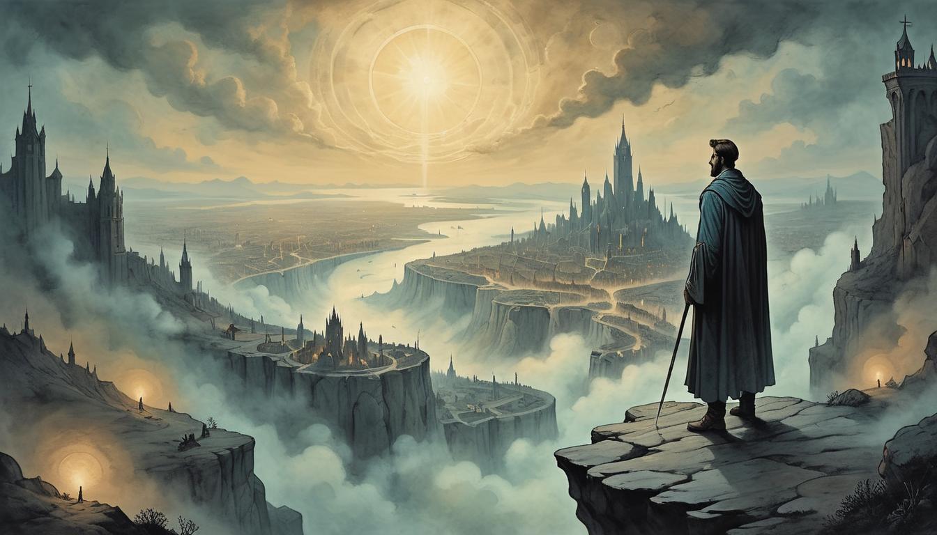  on parchment, surrealism+++, A lone figure standing on a cliff, looking down at a distant, bustling city, figure shrouded in a glowing aura, sense of otherworldly detachment and power(mysterious, provocative, symbolic,muted color)+++