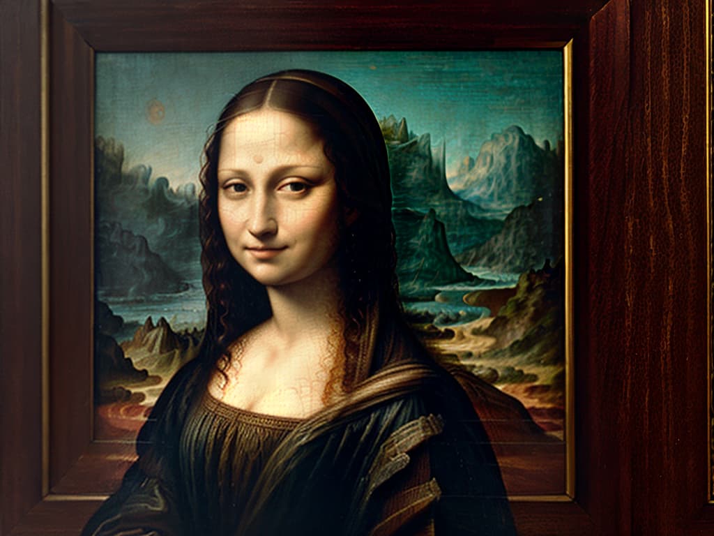  Mona Lisa painting, hyperrealistic, full body, detailed clothing, highly detailed, cinematic lighting, stunningly beautiful, intricate, sharp focus, f/1. 8, 85mm, (centered image composition), (professionally color graded), ((bright soft diffused light)), volumetric fog, trending on instagram, trending on tumblr, HDR 4K, 8K