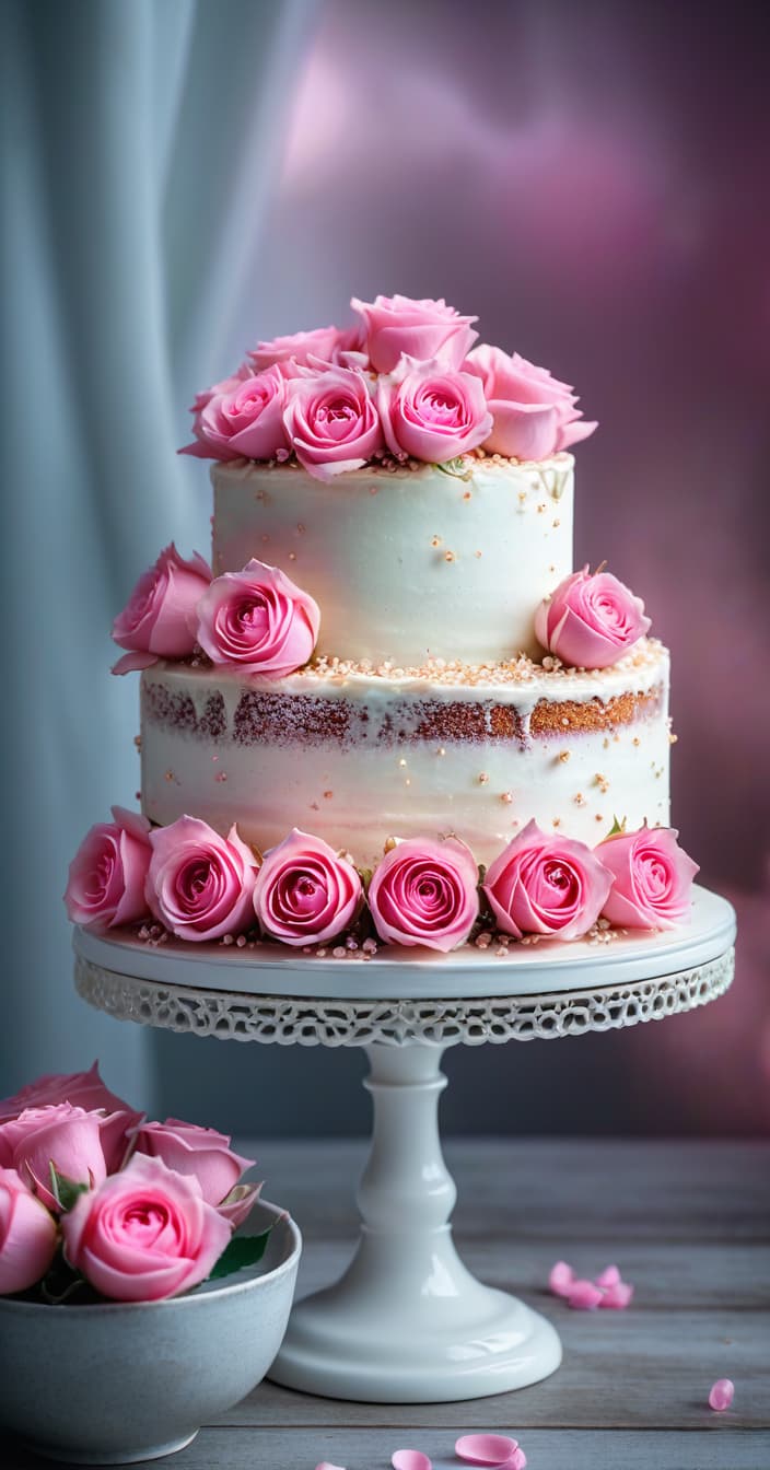  cinematic photo photo of a cake with pink roses . 35mm photograph, film, bokeh, professional, 4k, highly detailed hyperrealistic, full body, detailed clothing, highly detailed, cinematic lighting, stunningly beautiful, intricate, sharp focus, f/1. 8, 85mm, (centered image composition), (professionally color graded), ((bright soft diffused light)), volumetric fog, trending on instagram, trending on tumblr, HDR 4K, 8K