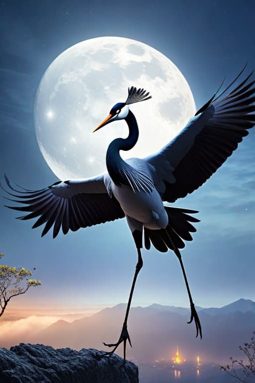  A crane bird flying and below another crane bird dancing. Moon background hyperrealistic, full body, detailed clothing, highly detailed, cinematic lighting, stunningly beautiful, intricate, sharp focus, f/1. 8, 85mm, (centered image composition), (professionally color graded), ((bright soft diffused light)), volumetric fog, trending on instagram, trending on tumblr, HDR 4K, 8K