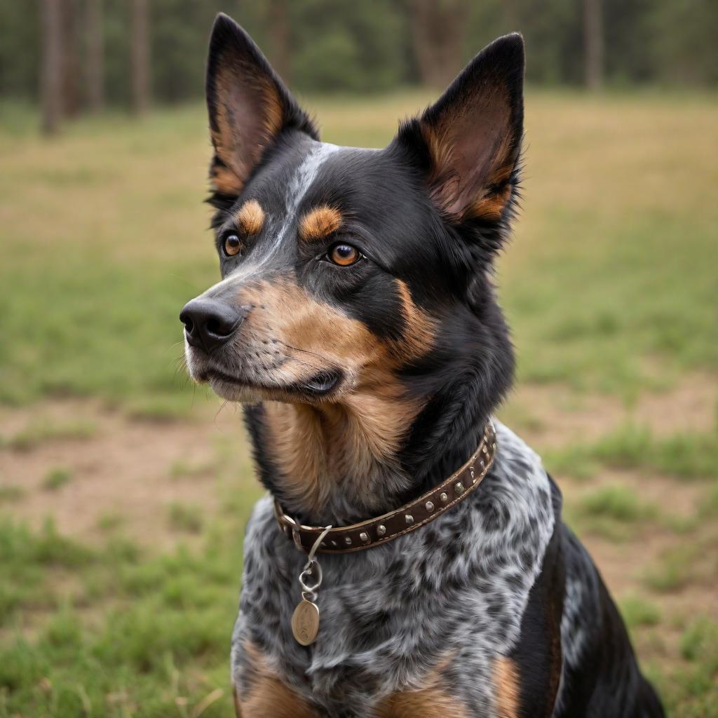  A Poodle mixed with Queensland Heeler (Australian Cattle Dog), showing a blend of physical traits from both breeds. The dog has a black and brown coat and visible whiskers. Depict the dog in a friendly and playful pose in an outdoor setting. hyperrealistic, full body, detailed clothing, highly detailed, cinematic lighting, stunningly beautiful, intricate, sharp focus, f/1. 8, 85mm, (centered image composition), (professionally color graded), ((bright soft diffused light)), volumetric fog, trending on instagram, trending on tumblr, HDR 4K, 8K