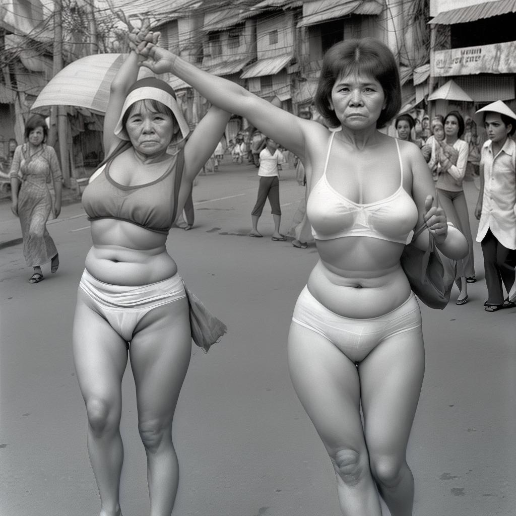  mujer madura de 55 años,voluptuosa con el trasero levantado para atrás y en calzones en la calle del año 1970s de Vietnam