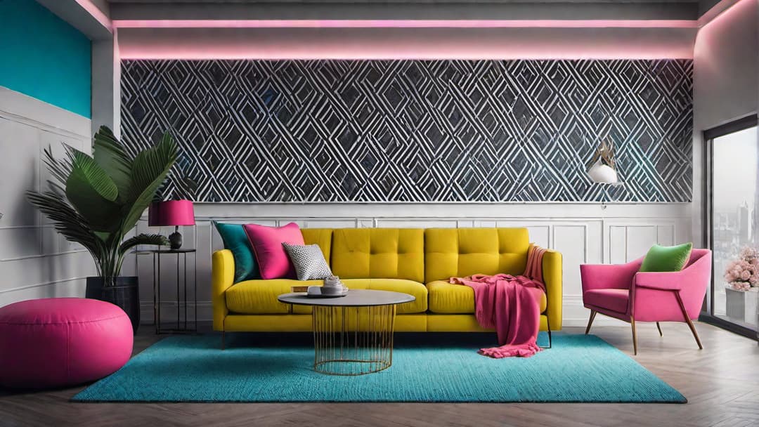  Generate an 80's inspired room featuring bold colors and geometric patterns. Include vibrant hues like neon pink, electric blue, and lime green. Incorporate geometric shapes such as triangles, circles, and squares in the wallpaper, furniture, and decor. Use elements like Memphis style prints, abstract art, and geometric throw pillows to enhance the retro aesthetic. additional guidelines  hyperrealistic, full body, detailed clothing, highly detailed, cinematic lighting, stunningly beautiful, intricate, sharp focus, f/1. 8, 85mm, (centered image composition), (professionally color graded), ((bright soft diffused light)), volumetric fog, trending on instagram, trending on tumblr, HDR 4K, 8K