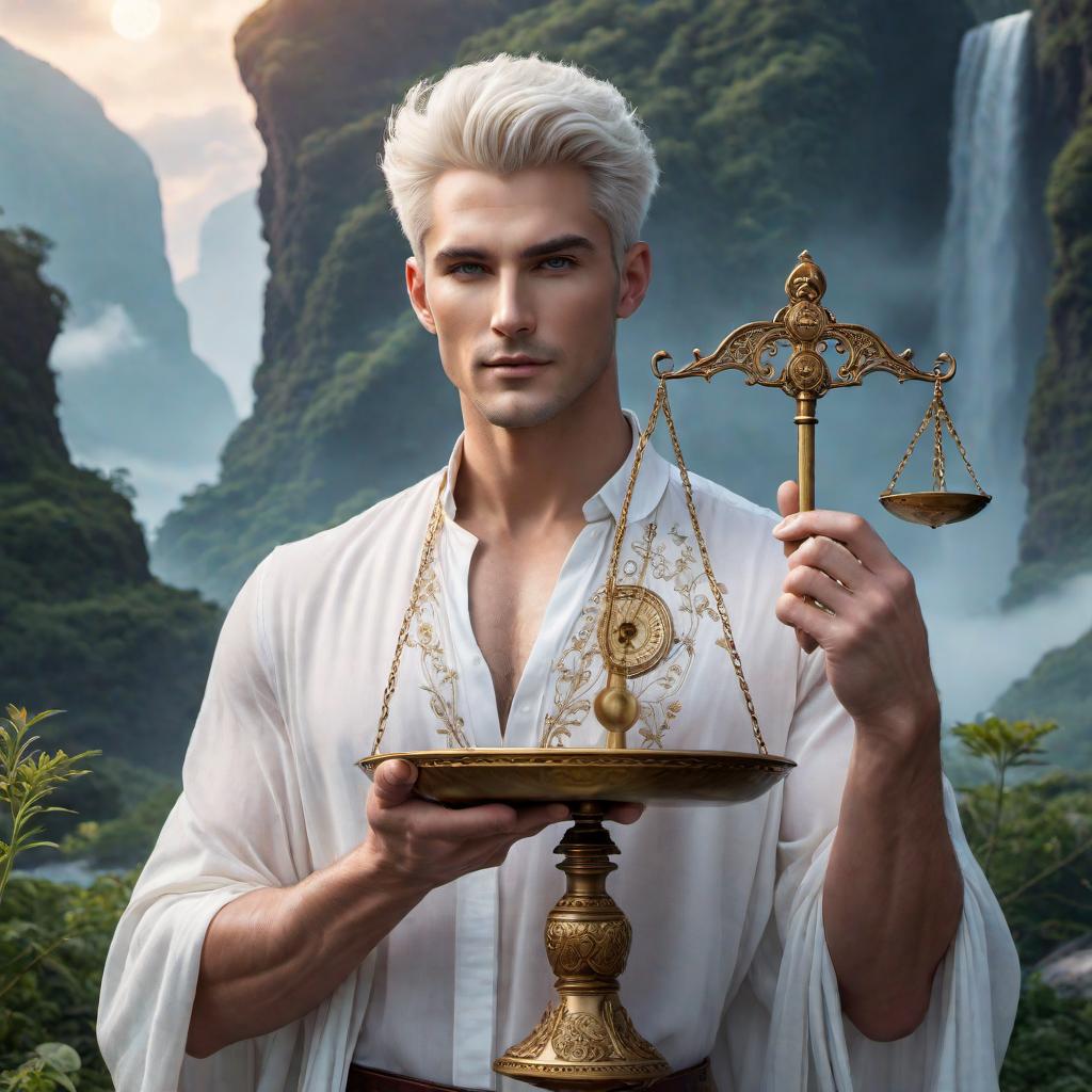  Enchanting white male holding a scale as a symbol of balance in the sign of Libra zodiac, lofi fantasy style. The character should have a harmonious and balanced appearance, with soft, dreamy, and relaxed lofi elements. Include celestial or cosmic background details to create an enchanting atmosphere. hyperrealistic, full body, detailed clothing, highly detailed, cinematic lighting, stunningly beautiful, intricate, sharp focus, f/1. 8, 85mm, (centered image composition), (professionally color graded), ((bright soft diffused light)), volumetric fog, trending on instagram, trending on tumblr, HDR 4K, 8K