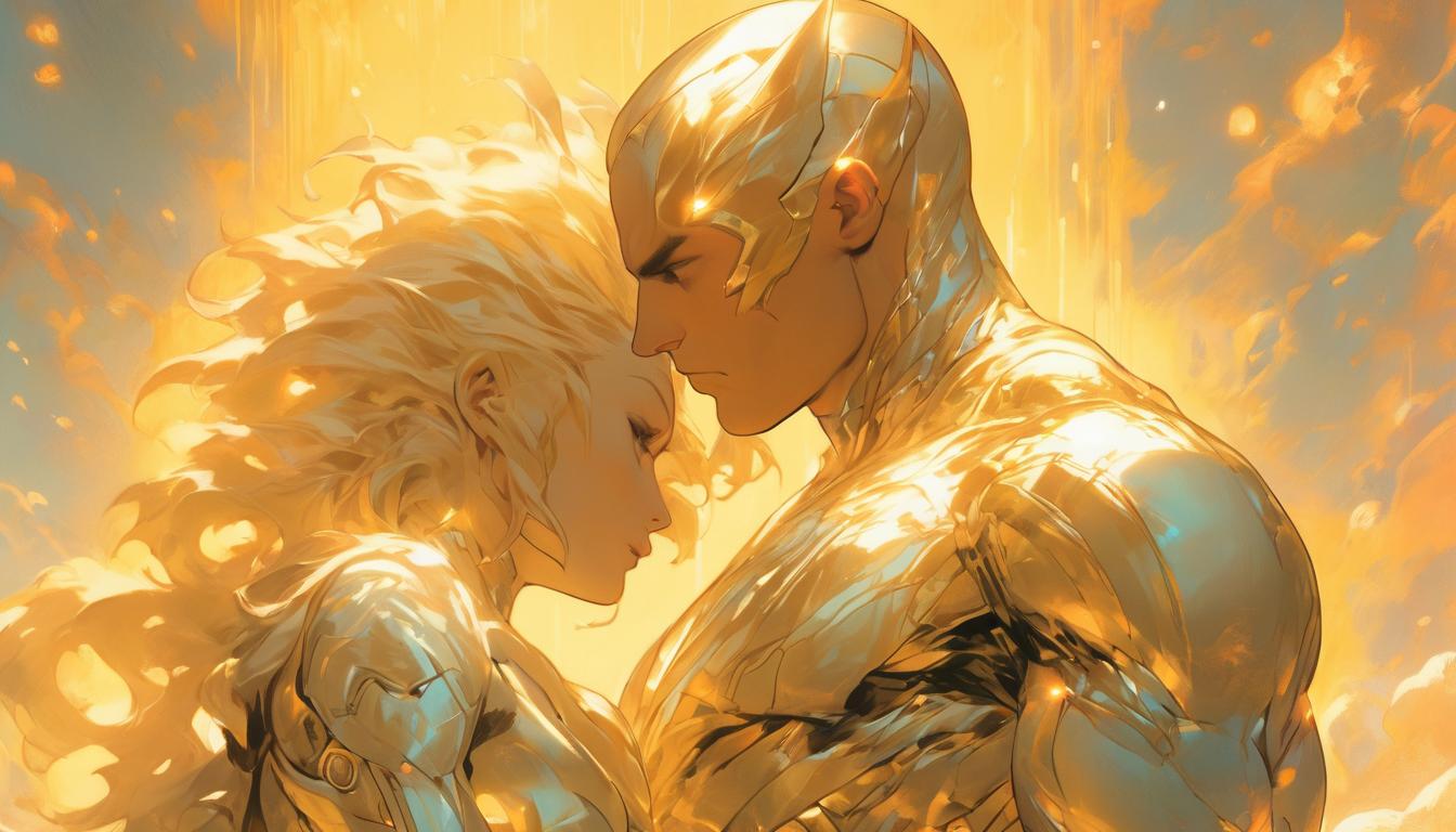  hyperrealism,fantasy aesthetic1man1woman, large busted attractive arian blonde female humanoid and handsome male humanoid, in a meditative state, enveloped in divine light, serene expressions, celestial entities observing, high tech clothing clad in sleek, futuristic costume with metallic accents and form fitting designs, marvel superhero comics style, unreal engine rendering