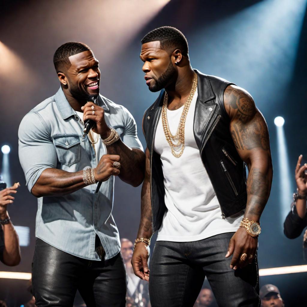  An image of 50 Cent collaborating with a country singer on stage performing together. hyperrealistic, full body, detailed clothing, highly detailed, cinematic lighting, stunningly beautiful, intricate, sharp focus, f/1. 8, 85mm, (centered image composition), (professionally color graded), ((bright soft diffused light)), volumetric fog, trending on instagram, trending on tumblr, HDR 4K, 8K