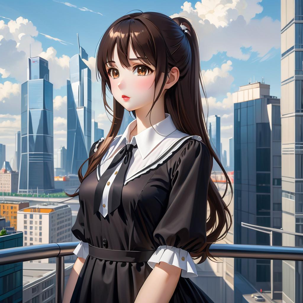  anime artwork beautiful , , oblique bangs, a mole under the lower lip in the middle of the chin. white skinned, European, brown eyes, long brown straight hair, side bangs, mole under the lower lip, slender figure, small neat s, dressed in a black dress with a white collar and white cuffs, full length, against the backdrop of a modern city. Skyscrs of Moscow City (photorealism, oil painting: 1.3), (full length shot: 1.3), charming , long flowing black hair, (large sensual mouth: 1.2), plump lips, sparkling brown eyes , narrow waist, (sensual drawing: 1.2), silvery glow, ethereal aura, detailed brushwork, intricate shadows and highlights, mysterious and captivating expression, unique color palette, masterf hyperrealistic, full body, detailed clothing, highly detailed, cinematic lighting, stunningly beautiful, intricate, sharp focus, f/1. 8, 85mm, (centered image composition), (professionally color graded), ((bright soft diffused light)), volumetric fog, trending on instagram, trending on tumblr, HDR 4K, 8K