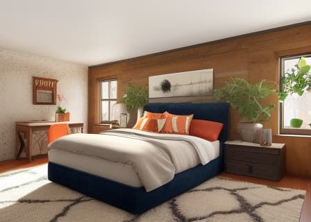  Bed Room, Peaceful, cozy, relaxation, sleep, comfort The image showcases a cozy and inviting living room theme, characterized by a modern yet rustic aesthetic. Modern rustic living room with a navy blue sofa, orange and gray pillows, wooden coffee table, oriental rug, and a floor lamp. modern, rustic, living room, navy blue sofa, orange pillows, gray pillows, wooden coffee table, oriental rug, floor lamp