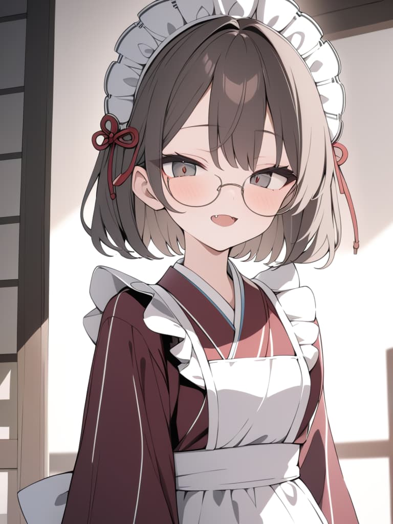  ultra detailed:1.2,masterpiece:1.2,best quality,masterpiece,bestquality,hdr:1.1,8k:1.1,very cute girl:1.3,(wine red color kimono,vertical striped kimono:1.3),(minimum very smallround eyewear:1.7),(dark brown hair:1.3),(black eye:1.2),(maid headdress:1.5),(white apron:1.4),upper body:1.3,face focus:1.4,old Japanese room:1.5,(open mouth,fang:1.4),(light smile:1.3),(short hair),(forehead:1.1),hair pin:1.3,(highlights eyes:1.7), masterpiece, best quality,8k,ultra detailed,high resolution,an extremely delicate and beautiful,hyper detail