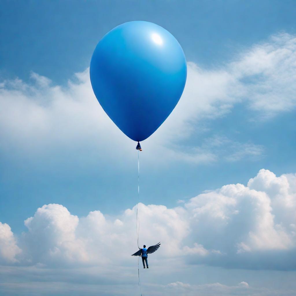  A blue balloon with wings floating to heaven in a serene sky background. hyperrealistic, full body, detailed clothing, highly detailed, cinematic lighting, stunningly beautiful, intricate, sharp focus, f/1. 8, 85mm, (centered image composition), (professionally color graded), ((bright soft diffused light)), volumetric fog, trending on instagram, trending on tumblr, HDR 4K, 8K