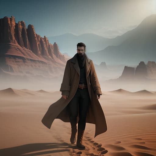  Photo realistically, 4k, a man in a coat, journey, old blanket, traveler, cracked ground, bones protruding from the ground, canyons, wind blowing, sandstorm, heat, desert, psychology, animal remains behind, rolling in the fields, sand, dunes, valley of death, vultures, desolation hyperrealistic, full body, detailed clothing, highly detailed, cinematic lighting, stunningly beautiful, intricate, sharp focus, f/1. 8, 85mm, (centered image composition), (professionally color graded), ((bright soft diffused light)), volumetric fog, trending on instagram, trending on tumblr, HDR 4K, 8K