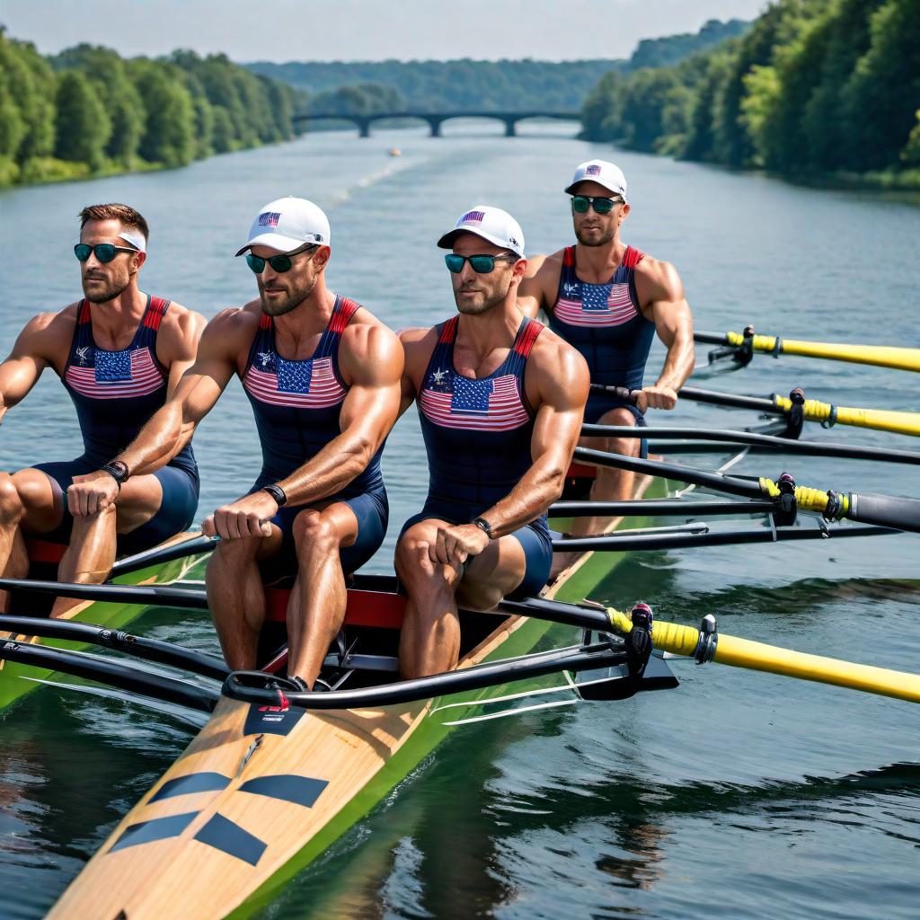  An image of a team of four crew rowers representing the USA on their way to the Olympics. The rowers should be wearing colorful uniforms and showing teamwork and determination. The background should feature a scenic river or lake with a vibrant and energetic atmosphere. hyperrealistic, full body, detailed clothing, highly detailed, cinematic lighting, stunningly beautiful, intricate, sharp focus, f/1. 8, 85mm, (centered image composition), (professionally color graded), ((bright soft diffused light)), volumetric fog, trending on instagram, trending on tumblr, HDR 4K, 8K