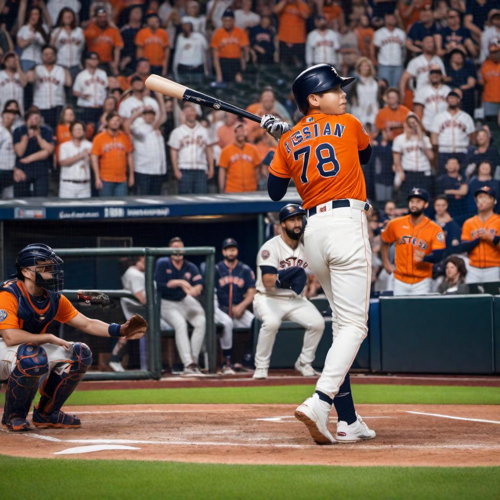  A 4-year-old boy in a Houston Astros uniform, viewed from the back, swinging a bat in the batter's box during a World Series game. The boy has the name 'Sebastian' on the back of his jersey and the number 7. The stadium is filled with cheering fans, and the field is pristine. The boy's bat is in mid-swing, connecting with the baseball. The atmosphere is electric, with bright stadium lights and a clear evening sky. hyperrealistic, full body, detailed clothing, highly detailed, cinematic lighting, stunningly beautiful, intricate, sharp focus, f/1. 8, 85mm, (centered image composition), (professionally color graded), ((bright soft diffused light)), volumetric fog, trending on instagram, trending on tumblr, HDR 4K, 8K