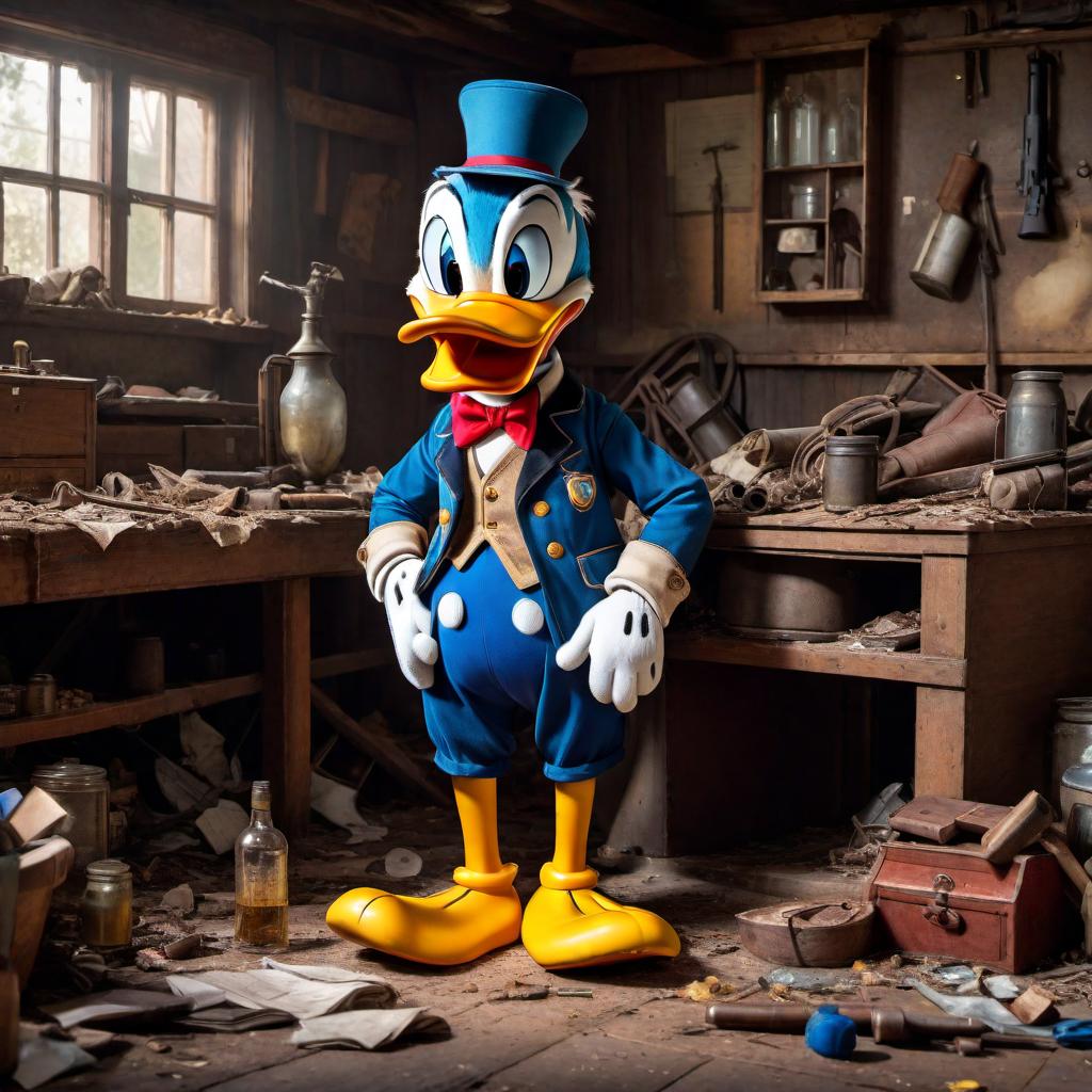  Depressed Donald Duck looking extremely tired and worn out, sitting in a messy and disorganized house. He appears to have been up for days. There is a loaded gun beside him, and the overall atmosphere is somber and dark. hyperrealistic, full body, detailed clothing, highly detailed, cinematic lighting, stunningly beautiful, intricate, sharp focus, f/1. 8, 85mm, (centered image composition), (professionally color graded), ((bright soft diffused light)), volumetric fog, trending on instagram, trending on tumblr, HDR 4K, 8K