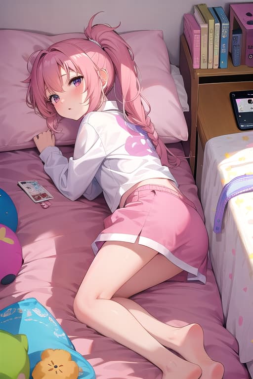  pink haired ,ponytail,large eyes,pink ,room,change clothes,bed,take off