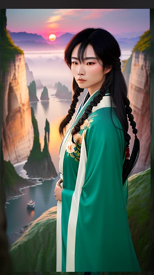  Chinese cliffs, river, evening, boy with long hair in a kimono, sun hyperrealistic, full body, detailed clothing, highly detailed, cinematic lighting, stunningly beautiful, intricate, sharp focus, f/1. 8, 85mm, (centered image composition), (professionally color graded), ((bright soft diffused light)), volumetric fog, trending on instagram, trending on tumblr, HDR 4K, 8K