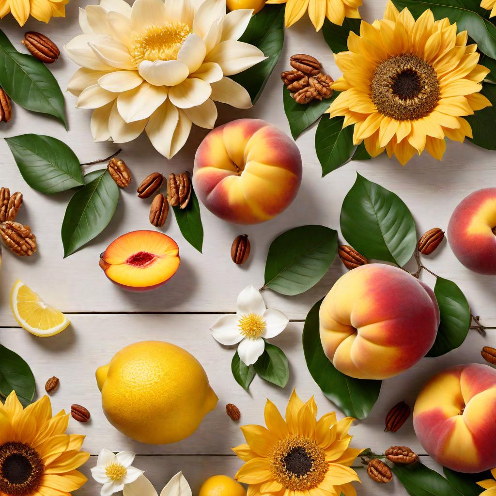  A decorative border featuring blooming flowers (like magnolias, sunflowers and azaleas), fresh fruits (like peaches and lemons), and Southern meal items such as iced tea, cornbread, fried chicken, and pecan pie. The border should be vibrant and reminiscent of summer in the Southern United States. hyperrealistic, full body, detailed clothing, highly detailed, cinematic lighting, stunningly beautiful, intricate, sharp focus, f/1. 8, 85mm, (centered image composition), (professionally color graded), ((bright soft diffused light)), volumetric fog, trending on instagram, trending on tumblr, HDR 4K, 8K