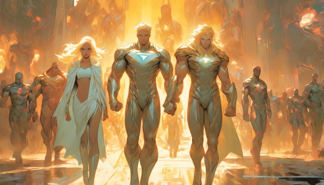  hyperrealism,fantasy aesthetic1man1woman, attractive blonde man humanoid and large busted blonde arian female humanoids, leading a group towards a bright future, enlightened path, hopeful and radiant scene, high tech clothing clad in sleek, futuristic costume with metallic accents and form fitting designs, marvel superhero comics style, unreal engine rendering