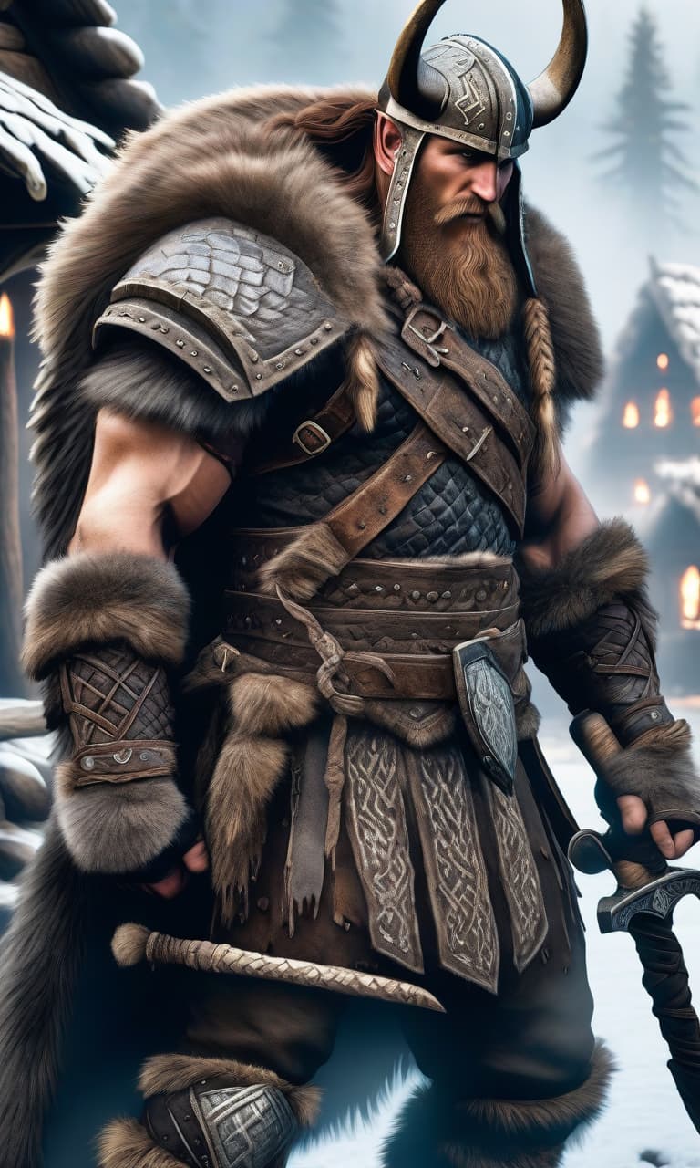  Viking berserker, age 20, looks into the frame, intricate details, fur, Viking clothing, background of a medieval Viking village, winter, hyperrealism, complexity, watercolor airbrush. in Skyrim style. in the frame from the waist up. hyperrealistic, full body, detailed clothing, highly detailed, cinematic lighting, stunningly beautiful, intricate, sharp focus, f/1. 8, 85mm, (centered image composition), (professionally color graded), ((bright soft diffused light)), volumetric fog, trending on instagram, trending on tumblr, HDR 4K, 8K