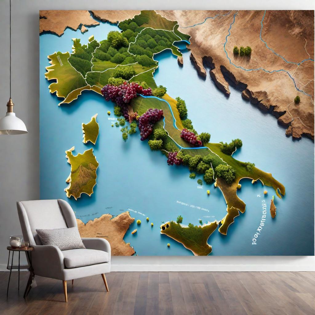  Create a map of Italy highlighting the popular grape and wines of the regional areas. hyperrealistic, full body, detailed clothing, highly detailed, cinematic lighting, stunningly beautiful, intricate, sharp focus, f/1. 8, 85mm, (centered image composition), (professionally color graded), ((bright soft diffused light)), volumetric fog, trending on instagram, trending on tumblr, HDR 4K, 8K