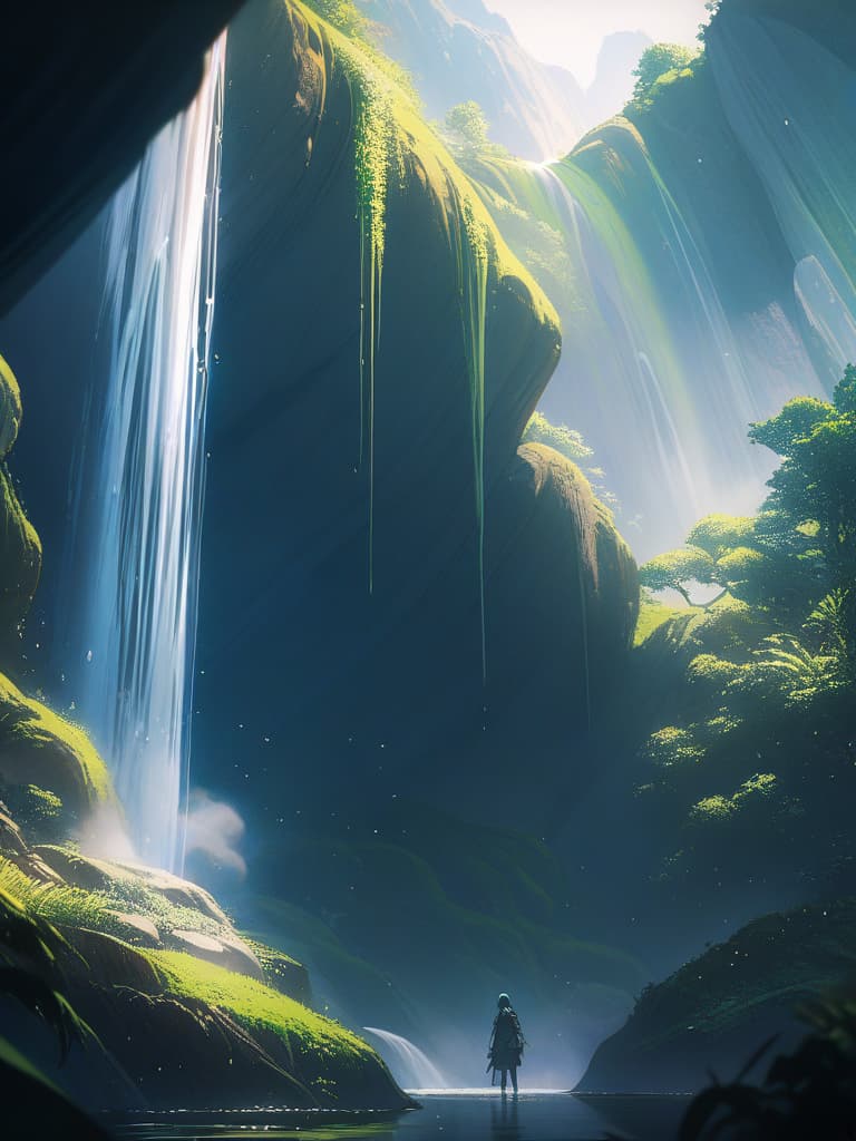  Green hair character reflected in the waterfall, masterpiece, best quality,8k,ultra detailed,high resolution,an extremely delicate and beautiful,hyper detail