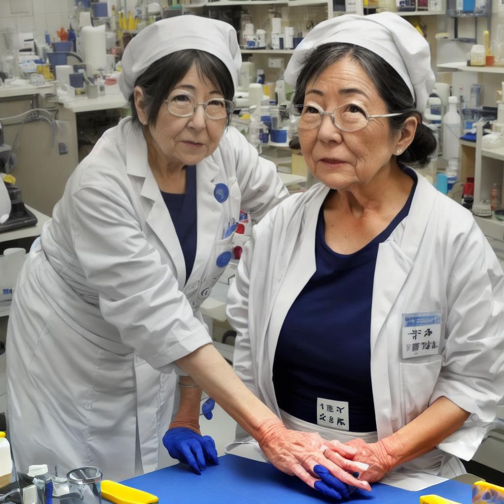  has una mujer ya entrada de edad mayor en tangas, que sea voluptuosa y hermosa en el laboratorio de Japón