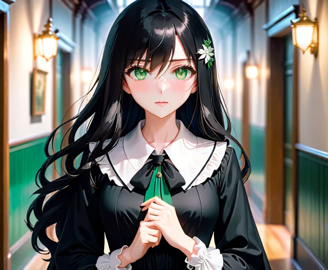  anime artwork beautiful , , green eyes, long black wavy hair, slender figure, small neat s, dressed in a black dress with a white collar and white cuffs, full length, against the backdrop of a corridor. . anime style, key visual, vint, studio anime, highly detailed hyperrealistic, full body, detailed clothing, highly detailed, cinematic lighting, stunningly beautiful, intricate, sharp focus, f/1. 8, 85mm, (centered image composition), (professionally color graded), ((bright soft diffused light)), volumetric fog, trending on instagram, trending on tumblr, HDR 4K, 8K