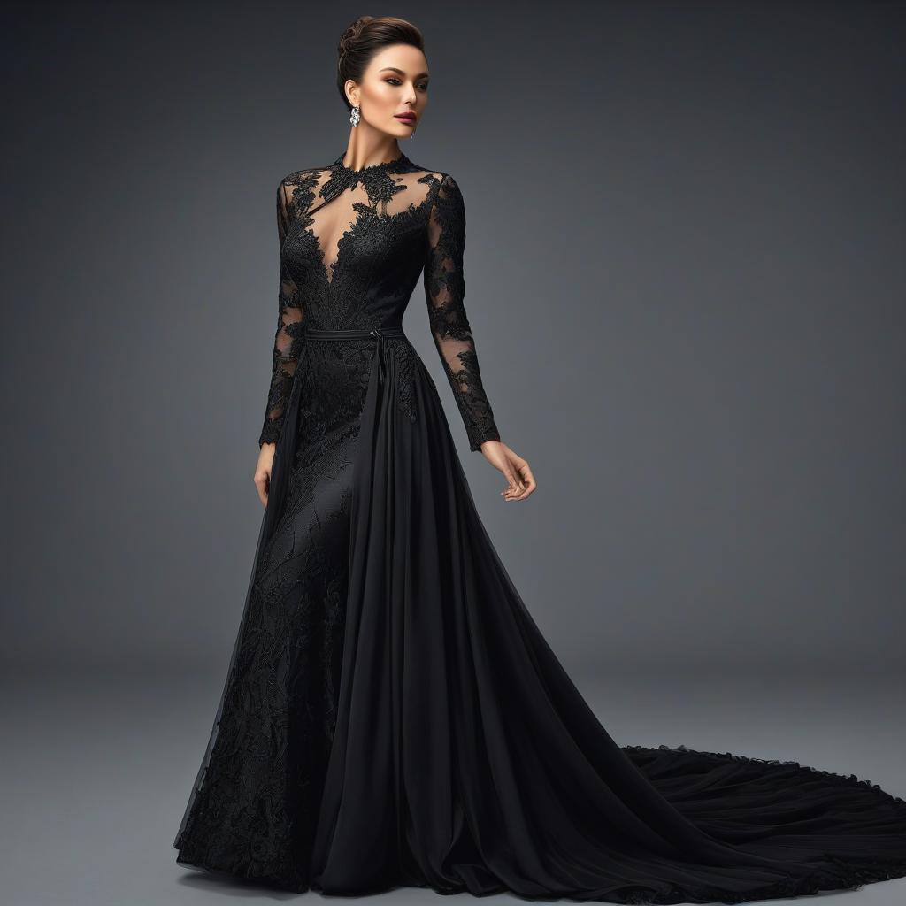  hyperrealistic art Create an image of a woman wearing a long evening dress in black color with long sleeves. The dress is shown from head to toes and should not be made of lace or transparent fabric. . extremely high resolution details, photographic, realism pushed to extreme, fine texture, incredibly lifelike hyperrealistic, full body, detailed clothing, highly detailed, cinematic lighting, stunningly beautiful, intricate, sharp focus, f/1. 8, 85mm, (centered image composition), (professionally color graded), ((bright soft diffused light)), volumetric fog, trending on instagram, trending on tumblr, HDR 4K, 8K