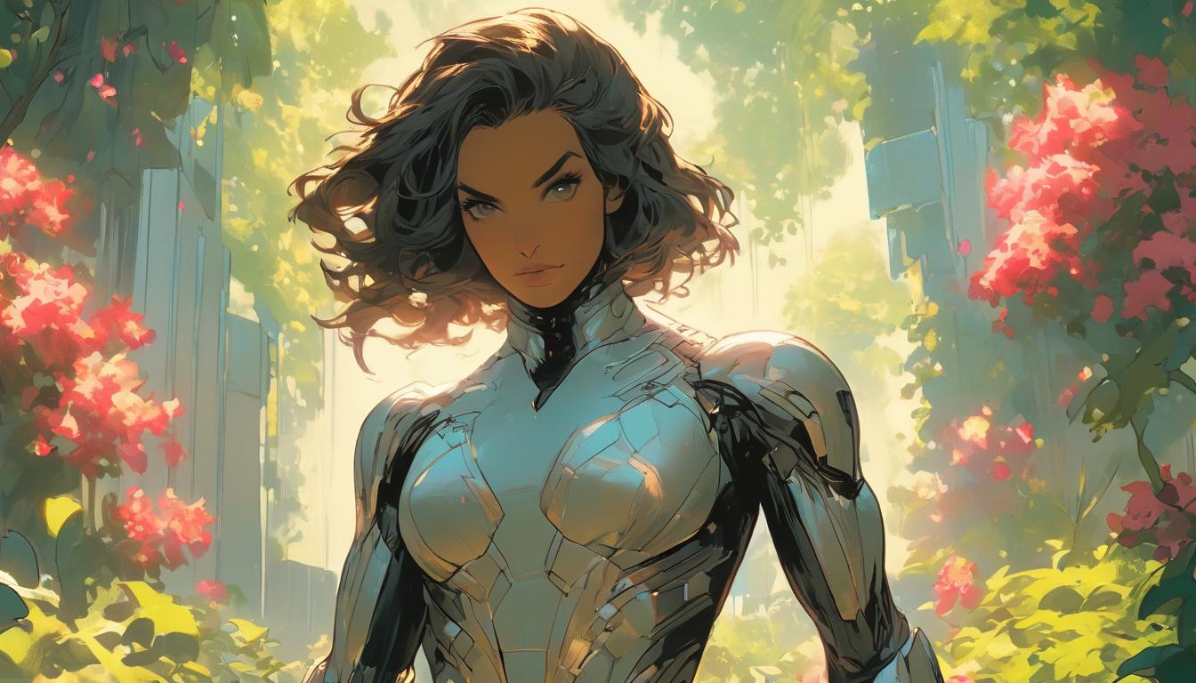  hyperrealism,fantasy aesthetic1woman, large busted attractive brunette arian female humanoid, standing in a serene garden, deep breath, connection with the universe, high tech clothing clad in sleek, futuristic costume with metallic accents and form fitting designs, marvel superhero comics style, unreal engine rendering