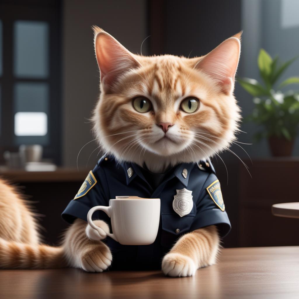  A meme with a cat with a very human-like appearance, dressed in a police uniform, sitting at a table. The cat is holding a handgun and a coffee mug. There’s a caption at the top that says 'I HAVEN'T HAD MY COFFEE YET' and at the bottom 'DON'T PURRR-SUE ME'. The scene is meant to be funny, playing on the phrase 'don't pursue me' with a humorous twist, replacing 'pursue' with 'purr-sue,' referencing the sound that cats make. hyperrealistic, full body, detailed clothing, highly detailed, cinematic lighting, stunningly beautiful, intricate, sharp focus, f/1. 8, 85mm, (centered image composition), (professionally color graded), ((bright soft diffused light)), volumetric fog, trending on instagram, trending on tumblr, HDR 4K, 8K