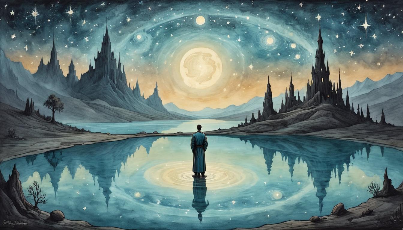  on parchment, surrealism+++, A figure standing at the edge of a glowing pool, waters reflecting stars, healing energy, renewal, preparation, contemplating next steps(mysterious, provocative, symbolic,muted color)+++