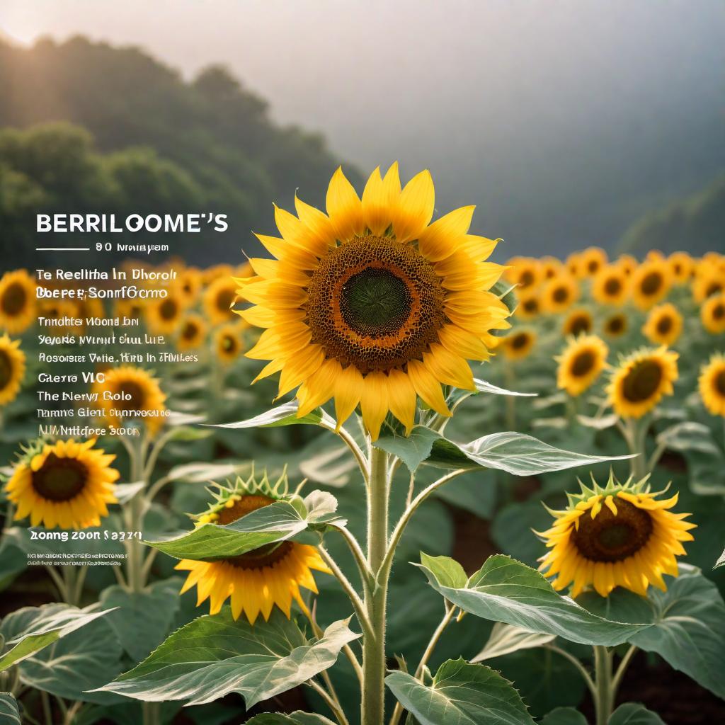  A single sunflower in full bloom with the text 'Berlinda Gomez’s Sunflower' displayed prominently in a stylish font. hyperrealistic, full body, detailed clothing, highly detailed, cinematic lighting, stunningly beautiful, intricate, sharp focus, f/1. 8, 85mm, (centered image composition), (professionally color graded), ((bright soft diffused light)), volumetric fog, trending on instagram, trending on tumblr, HDR 4K, 8K