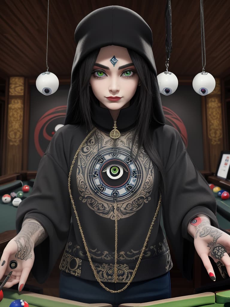  masterpiece, best quality, Tattoo combining an evil eye and billiard eight ball