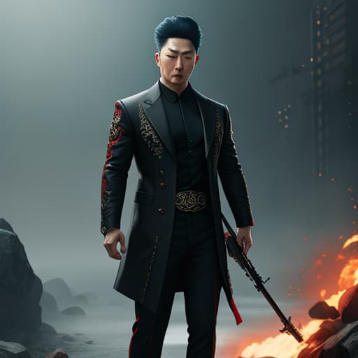  Korean gang leader hyperrealistic, full body, detailed clothing, highly detailed, cinematic lighting, stunningly beautiful, intricate, sharp focus, f/1. 8, 85mm, (centered image composition), (professionally color graded), ((bright soft diffused light)), volumetric fog, trending on instagram, trending on tumblr, HDR 4K, 8K