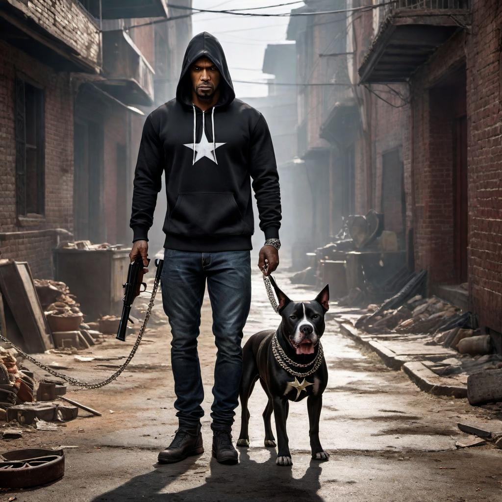  A man holding a shotgun in his hand, wearing a black hoodie, with a chain bearing a six-point star around his neck. He has a mad expression on his face and a pitbull standing by his side. The scene is intense and gritty, capturing a tough and menacing atmosphere. hyperrealistic, full body, detailed clothing, highly detailed, cinematic lighting, stunningly beautiful, intricate, sharp focus, f/1. 8, 85mm, (centered image composition), (professionally color graded), ((bright soft diffused light)), volumetric fog, trending on instagram, trending on tumblr, HDR 4K, 8K