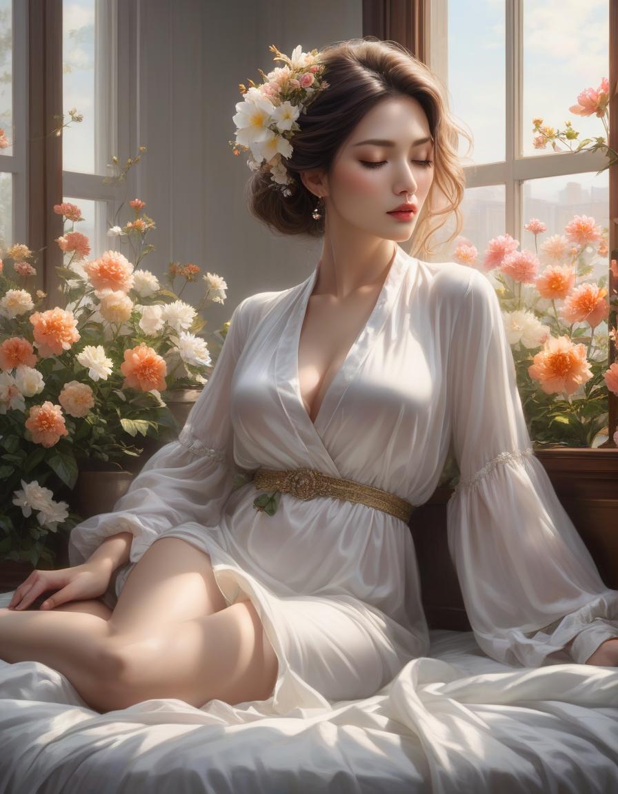  hyperrealistic art A woman is peacefully asleep amid white sheets and blooming flowers, with soft light streaming through a window. a woman laying on top of a bed next to a window, a photorealistic painting, inspired by Magali Villeneuve, trending on Artstation, fantasy art, girl in a bed of flowers, soft pale golden skin, portrait of a woman sleeping, in the early morning, jingna zhang . extremely high resolution details, photographic, realism pushed to extreme, fine texture, incredibly lifelike hyperrealistic, full body, detailed clothing, highly detailed, cinematic lighting, stunningly beautiful, intricate, sharp focus, f/1. 8, 85mm, (centered image composition), (professionally color graded), ((bright soft diffused light)), volumetric fog, trending on instagram, trending on tumblr, HDR 4K, 8K