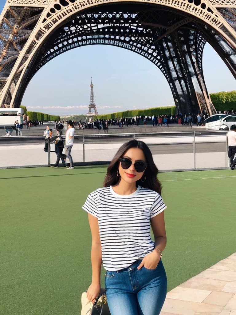  A person wearing casual attire such as a striped t shirt and jeans, standing in front of the Eiffel Tower.