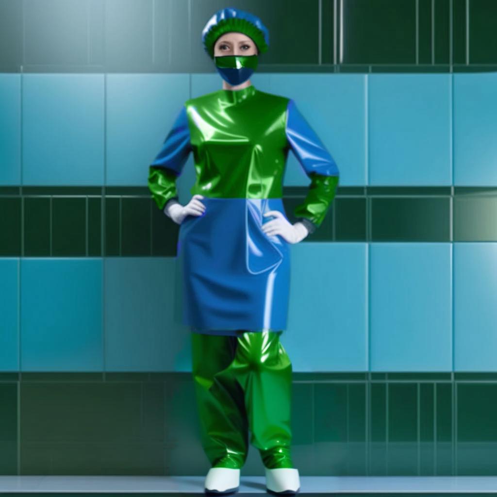  legs together, operating room shoes, identical high surgical shoe covers, knee high, with elastic cuffs up shoe covers, (the lower half from sole to ankle, from glossy latex dark green:1.3), (the upper half from ankle to knee, from glossy latex dark blue:1.5), (flat soled, without heels:1.2), front view, full face, full length hyperrealistic, full body, detailed clothing, highly detailed, cinematic lighting, stunningly beautiful, intricate, sharp focus, f/1. 8, 85mm, (centered image composition), (professionally color graded), ((bright soft diffused light)), volumetric fog, trending on instagram, trending on tumblr, HDR 4K, 8K