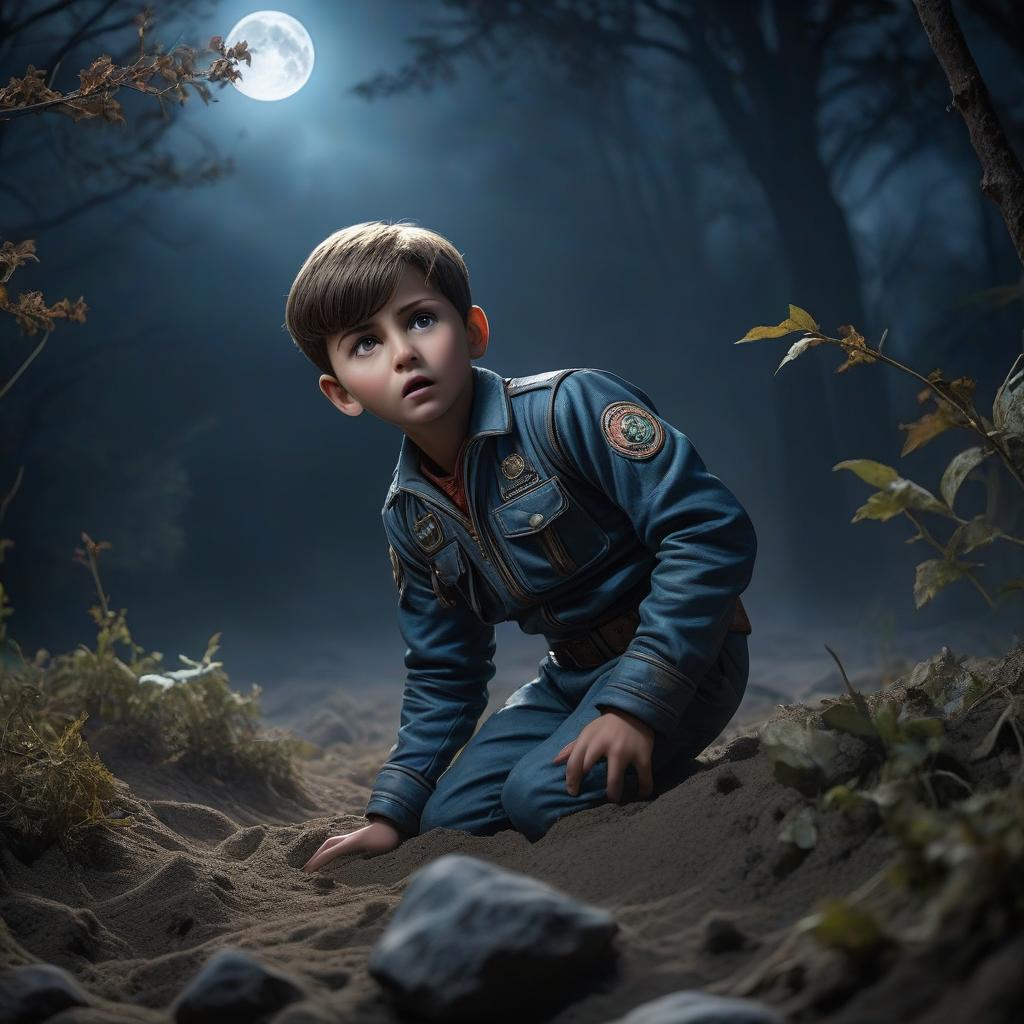  horror themed A boy is falling from the moon. . eerie, unsettling, dark, spooky, suspenseful, grim, highly detailed hyperrealistic, full body, detailed clothing, highly detailed, cinematic lighting, stunningly beautiful, intricate, sharp focus, f/1. 8, 85mm, (centered image composition), (professionally color graded), ((bright soft diffused light)), volumetric fog, trending on instagram, trending on tumblr, HDR 4K, 8K