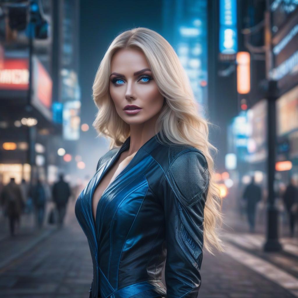  Insanely beautiful blonde woman with blue eyes from the past ended up in a modern city. hyperrealistic, full body, detailed clothing, highly detailed, cinematic lighting, stunningly beautiful, intricate, sharp focus, f/1. 8, 85mm, (centered image composition), (professionally color graded), ((bright soft diffused light)), volumetric fog, trending on instagram, trending on tumblr, HDR 4K, 8K