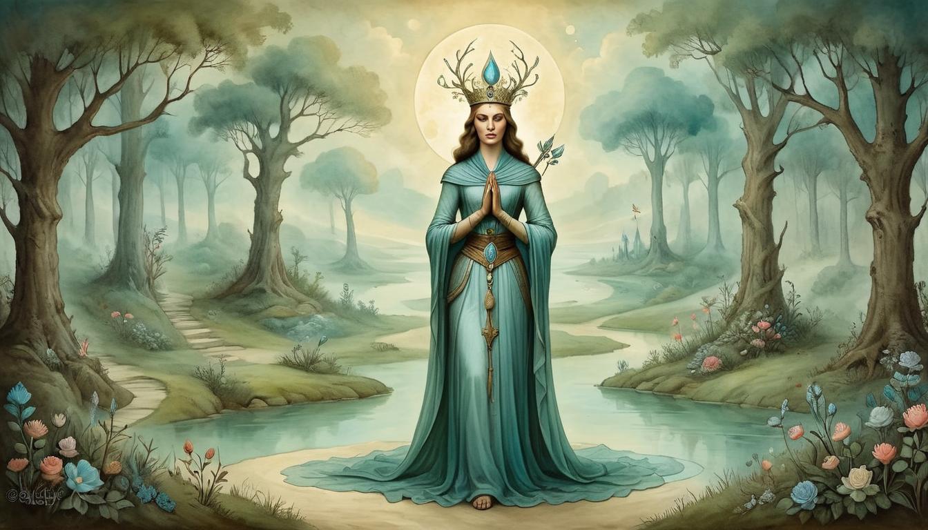  on parchment, surrealism+++, A serene figure, luminous aura, surrounded by nature, pure essence, loving and benevolent, tranquil setting(mysterious, provocative, symbolic,muted color)+++