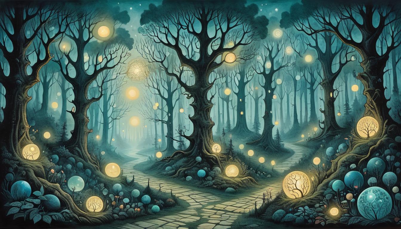  on parchment, surrealism+++, A path through a dense, twilight forest, lined with glowing orbs, each orb reflecting intricate patterns, sense of predestined journey, mystical, serendipitous(mysterious, provocative, symbolic,muted color)+++