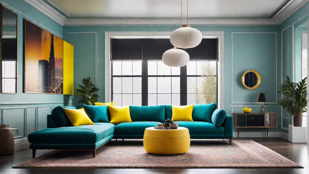  Design an image of an 80s inspired retro living room with vibrant colors and eclectic decor. Include a large plush sofa in teal with neon yellow throw pillows. Adorn the walls with abstract art pieces and framed posters. Incorporate a bold geometric patterned shag carpet and a mirrored coffee table. The overall atmosphere should be lively and energetic, capturing the essence of retro home design from the 80s. hyperrealistic, full body, detailed clothing, highly detailed, cinematic lighting, stunningly beautiful, intricate, sharp focus, f/1. 8, 85mm, (centered image composition), (professionally color graded), ((bright soft diffused light)), volumetric fog, trending on instagram, trending on tumblr, HDR 4K, 8K