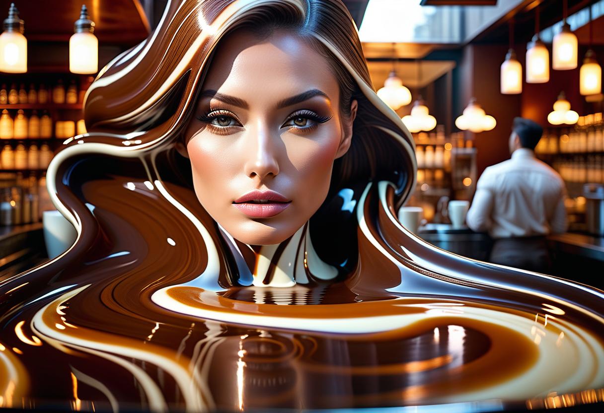  double exposure of acrylic paint, abstract female face, skin and hair entirely composed of frozen smooth flows of cappuccino, muted pleasant colors of coffee with milk, volumetric lighting, dreamy mood, in the background numerous bars of milk chocolate, reminiscent of heating pipes hyperrealistic, full body, detailed clothing, highly detailed, cinematic lighting, stunningly beautiful, intricate, sharp focus, f/1. 8, 85mm, (centered image composition), (professionally color graded), ((bright soft diffused light)), volumetric fog, trending on instagram, trending on tumblr, HDR 4K, 8K