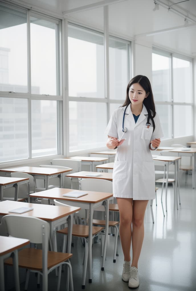  a photo of female doctor teaching students in white classroom, clean , many student, large room, high quality, realistic, ratio 16:9, , ADVERTISING PHOTO,high quality, good proportion, masterpiece , The image is captured with an 8k camera