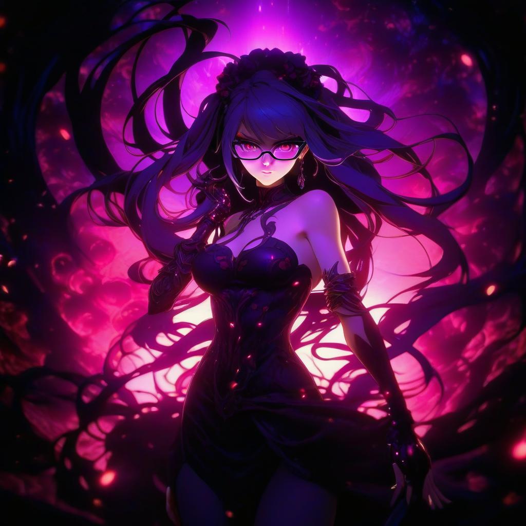  a close up of a person with glasses on, metal ears and glowing eyes, anime epic artwork, neon blue color, ar 16:9, emitting evil red aura, like matrix, woman with rose tinted glasses, blade and soul, planetes, rage, e girl, radiating power hyperrealistic, full body, detailed clothing, highly detailed, cinematic lighting, stunningly beautiful, intricate, sharp focus, f/1. 8, 85mm, (centered image composition), (professionally color graded), ((bright soft diffused light)), volumetric fog, trending on instagram, trending on tumblr, HDR 4K, 8K