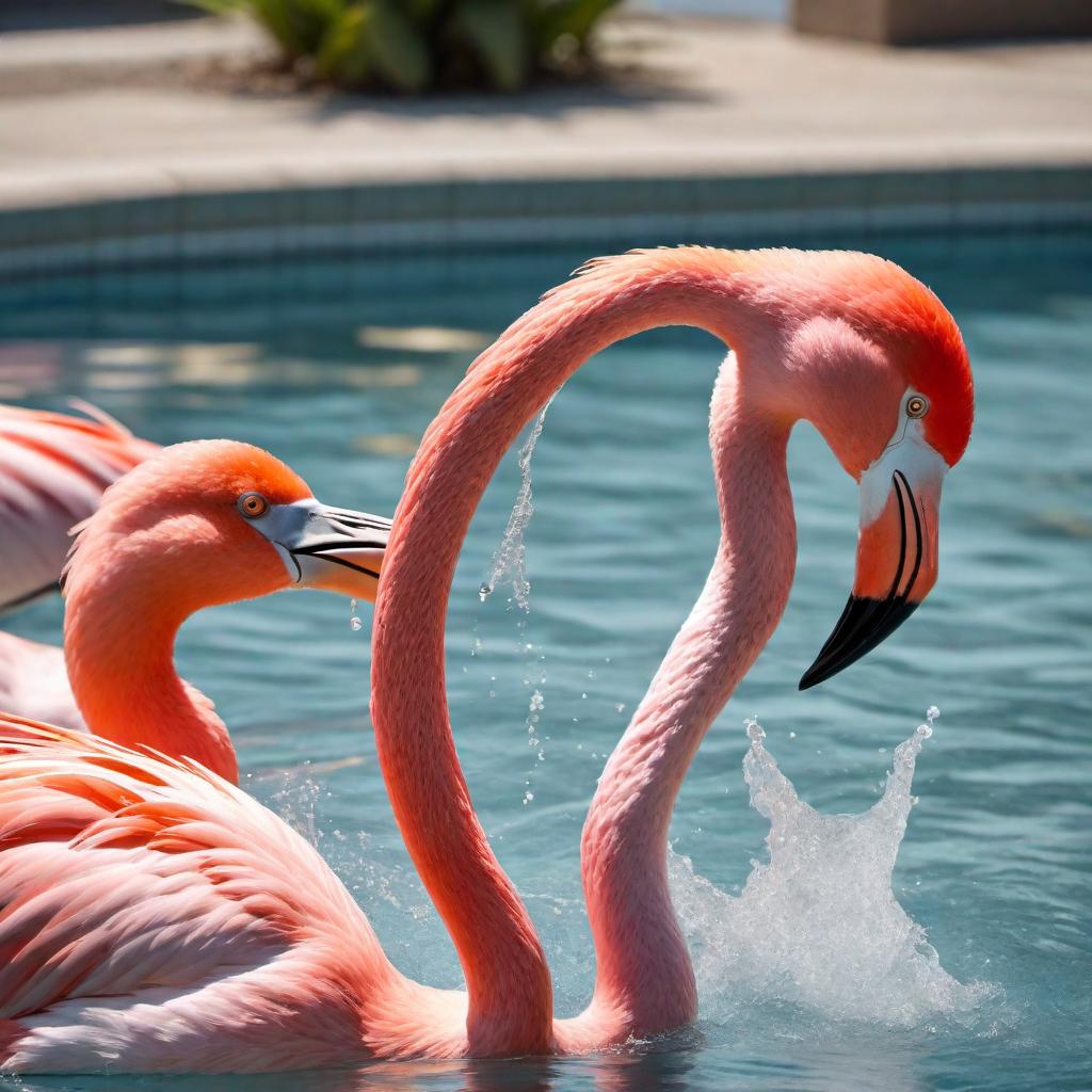  A dramatic scene of a flamingo fighting a shark in a swimming pool. The shark is wearing sunglasses. The flamingo is winning the battle. hyperrealistic, full body, detailed clothing, highly detailed, cinematic lighting, stunningly beautiful, intricate, sharp focus, f/1. 8, 85mm, (centered image composition), (professionally color graded), ((bright soft diffused light)), volumetric fog, trending on instagram, trending on tumblr, HDR 4K, 8K