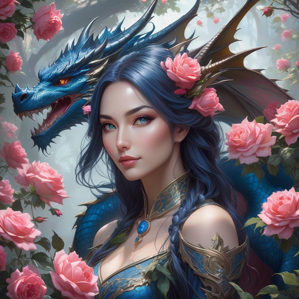  concept art A woman with a serene expression is pictured alongside a blue dragon amidst a backdrop of roses in a fantasy style artwork a painting of a woman with a dragon on her shoulder, the dragon girl portrait, beautiful fantasy art portrait, fantasy art portrait, fantasy portrait art, detailed matte fantasy portrait, beautiful fantasy portrait, amazing fantasy art, detailed fantasy art, fantasy portrait, epic fantasy art portrait, fantasy genre portrait, dragon girl, fantasy art, heather theurer, dragon portrait, beautiful fantasy art . digital artwork, illustrative, painterly, matte painting, highly detailed hyperrealistic, full body, detailed clothing, highly detailed, cinematic lighting, stunningly beautiful, intricate, sharp focus, f/1. 8, 85mm, (centered image composition), (professionally color graded), ((bright soft diffused light)), volumetric fog, trending on instagram, trending on tumblr, HDR 4K, 8K