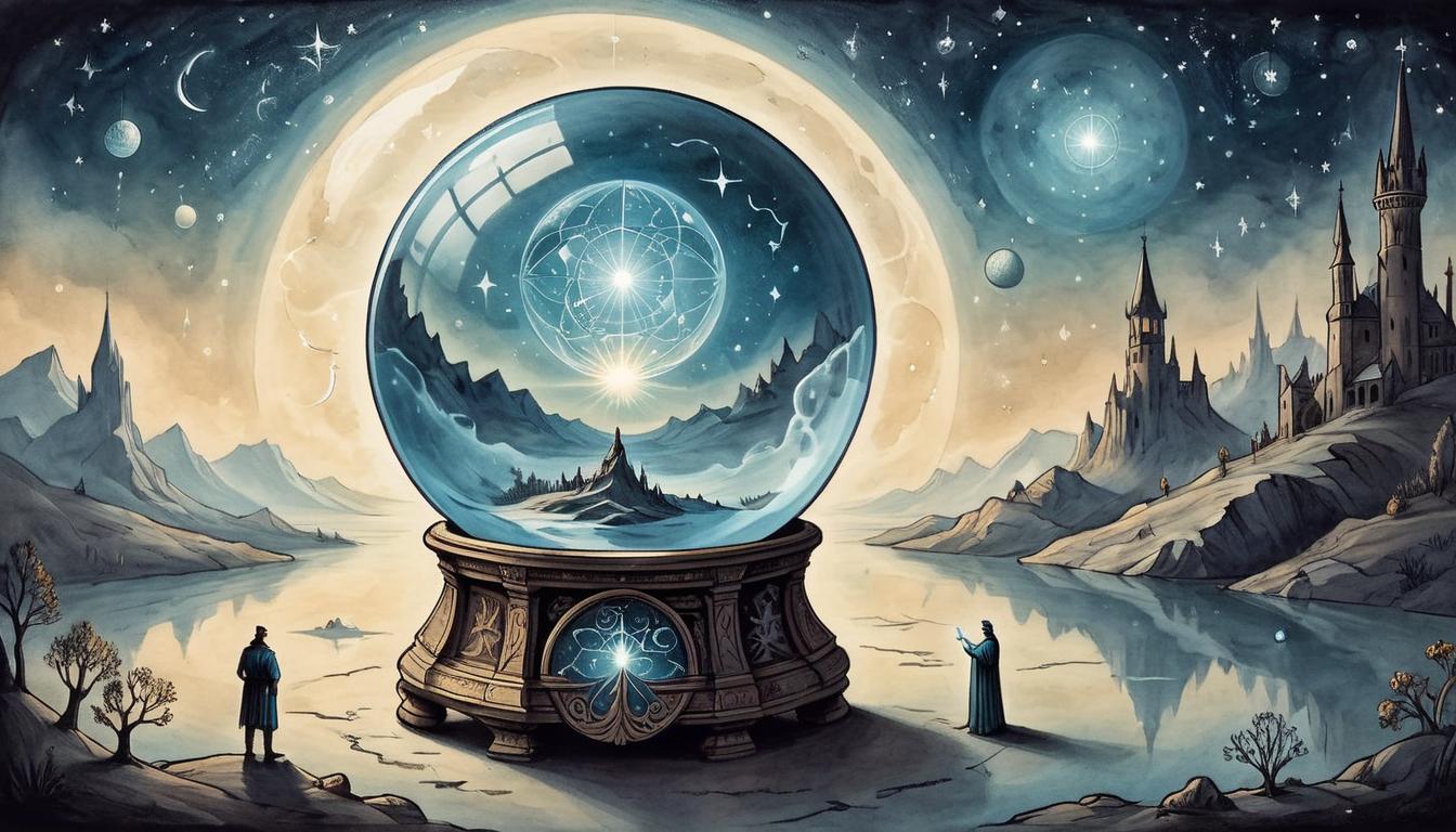  on parchment, surrealism+++, A glowing crystal ball emitting a soft, ethereal light, reflection of the night sky within, symbols of constellations, shadows of unknown figures, mystical, enigmatic, foretelling(mysterious, provocative, symbolic,muted color)+++