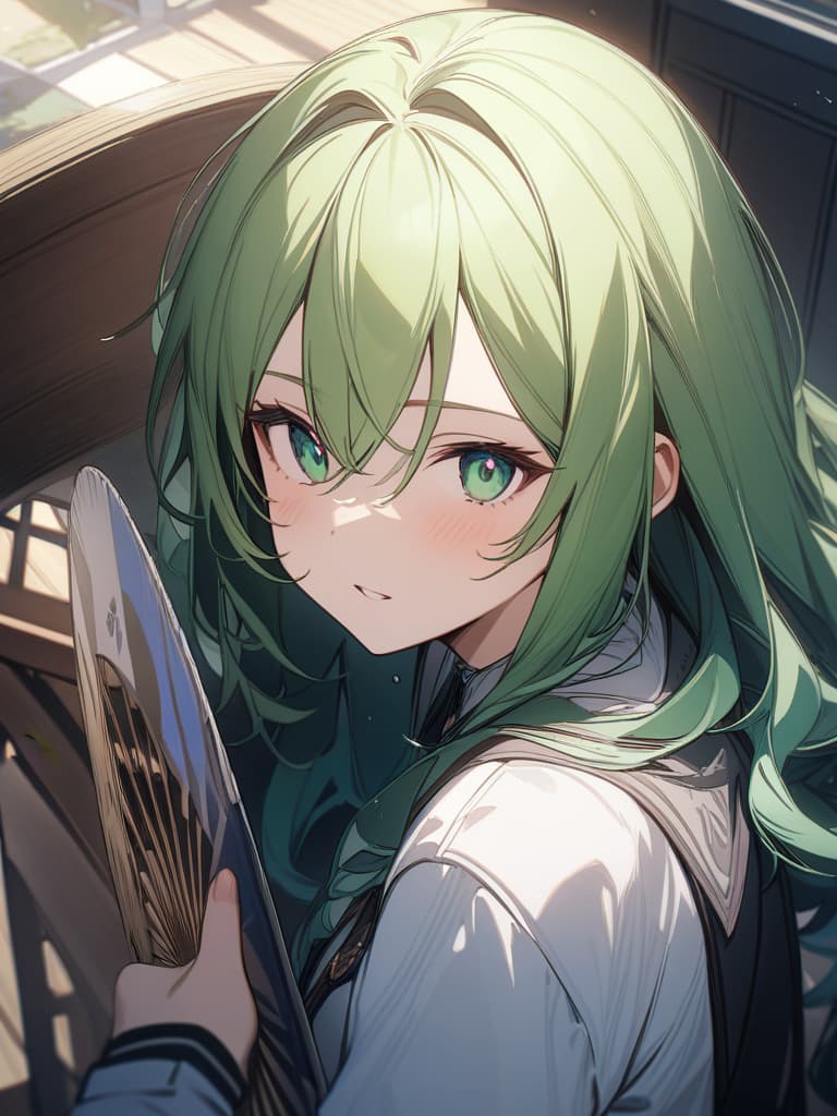  Green hair character on a fan, masterpiece, best quality,8k,ultra detailed,high resolution,an extremely delicate and beautiful,hyper detail